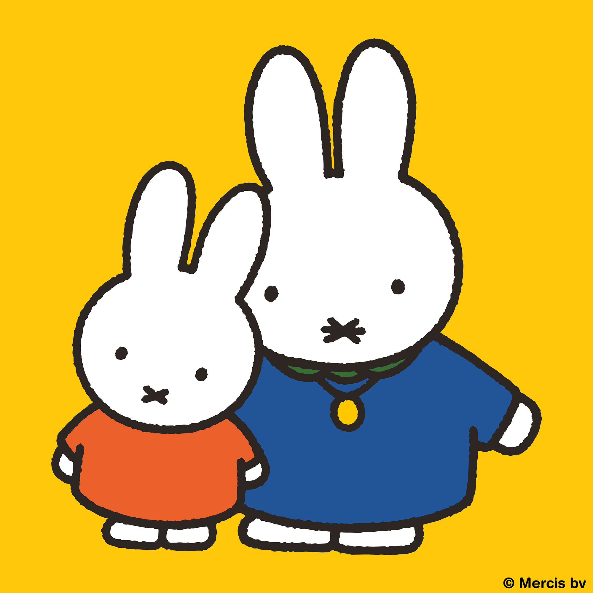 Miffy wearing a red dress dancing with a friend with a yellow background