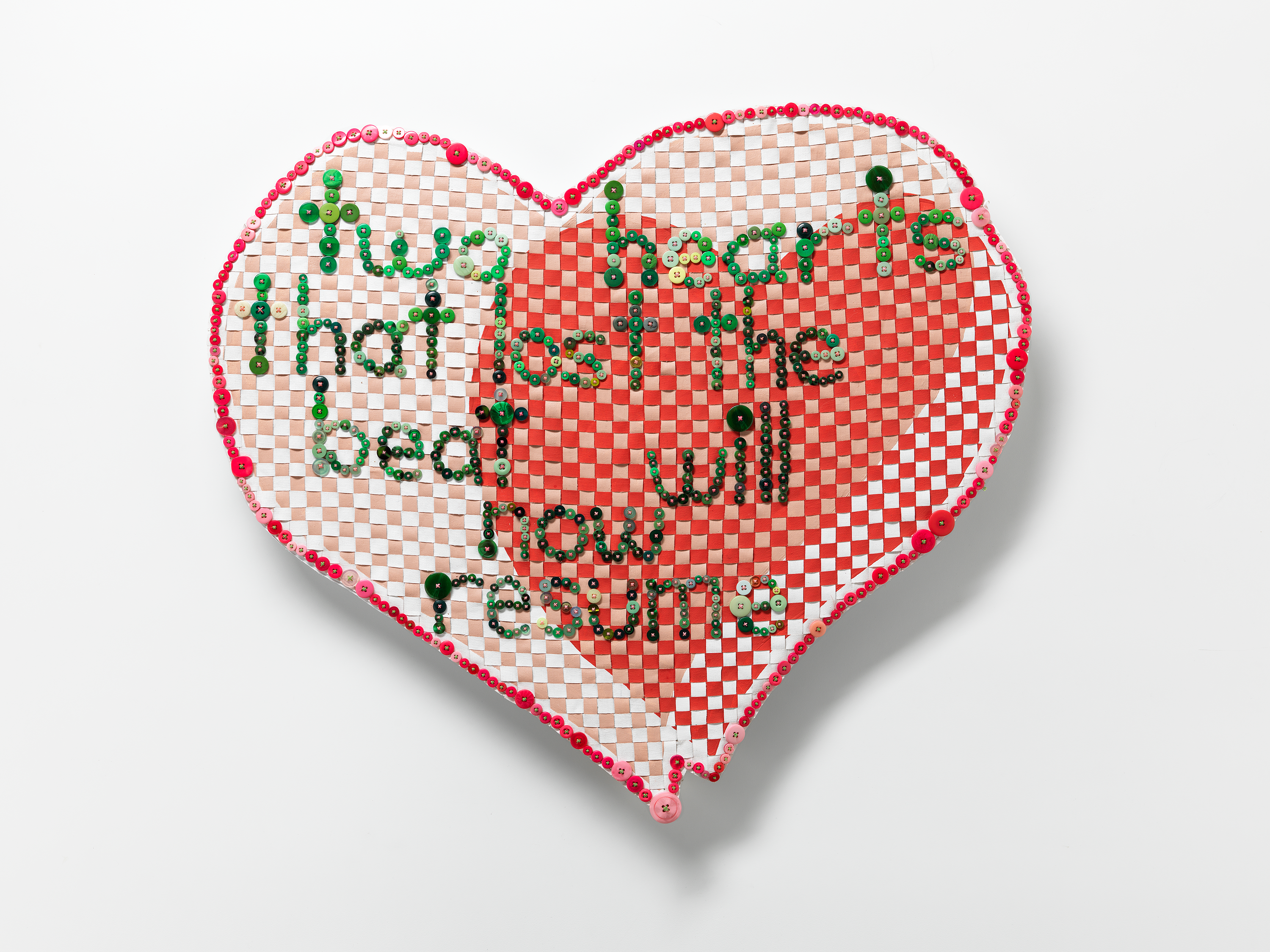 Troy-Anthony BAYLIS, 'Two Hearts (Olivia Newton-John)' 2022, sliced and rewoven acrylic on linen, embroidery cotton, buttons. Courtesy of the artist. Photo: Grant Hancock.