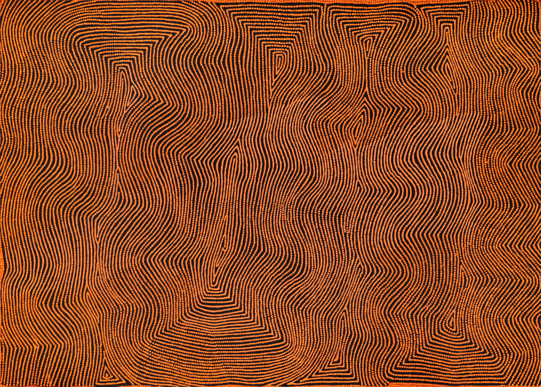 An acrylic painting on canvas, in which small burnt-ochre-coloured dots form abstract lines and patterns against a black background.