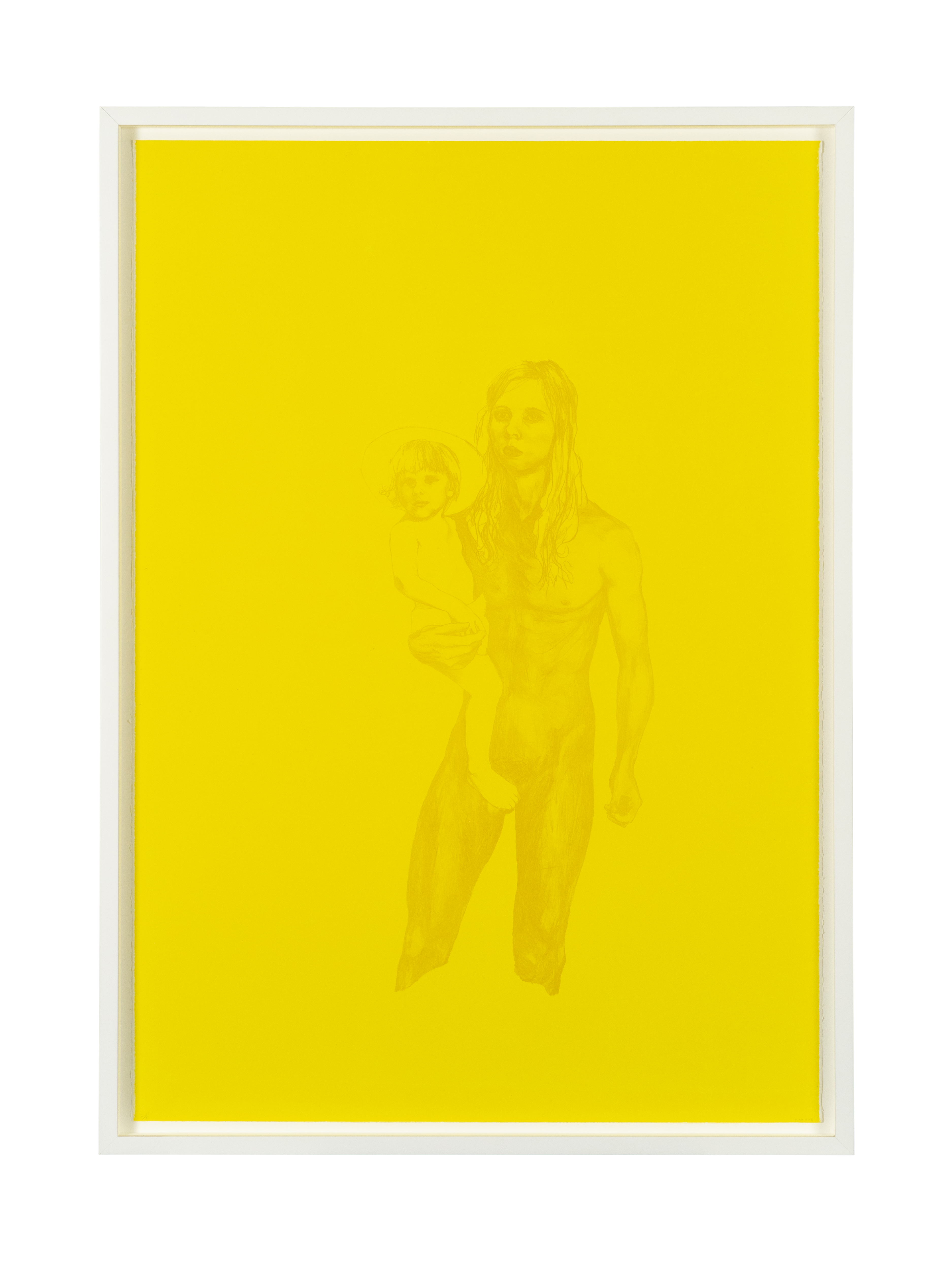 A portrait of an adult with long hair holding a young child. Both figures are nude and depicted faintly against a bright yellow background. 