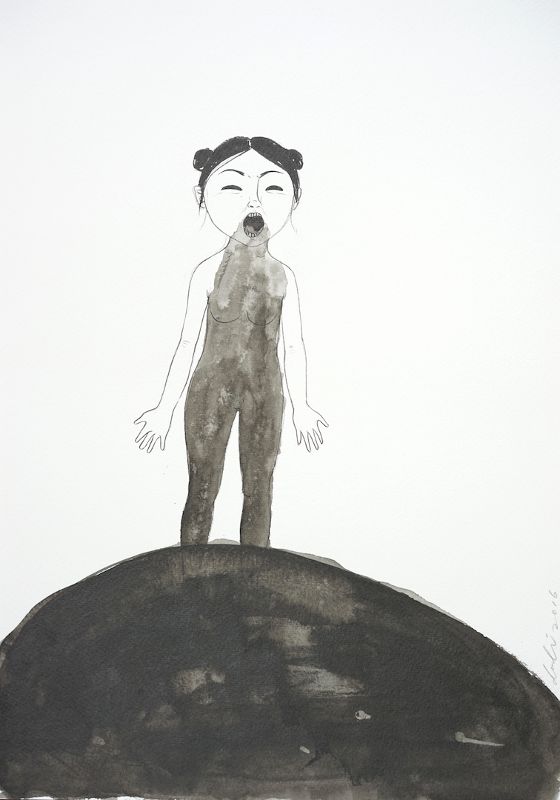 A black and white ink drawing of a standing nude woman. Her mouth is open wide as if she is yelling, and watercolour pigment is flowing out of her mouth, down to her feet.