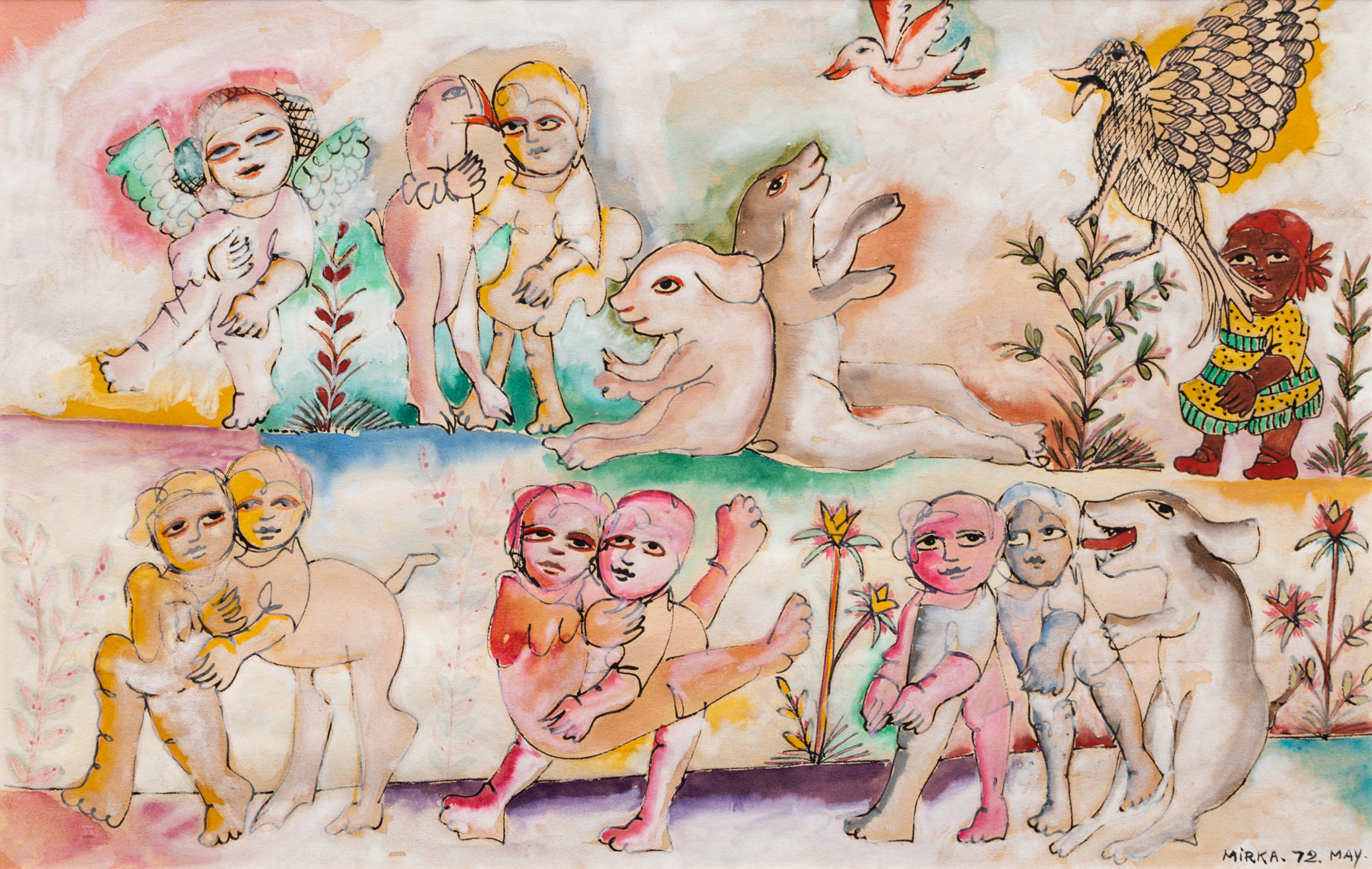 Ink and gouache painting of people and animals in various pastel hues.
