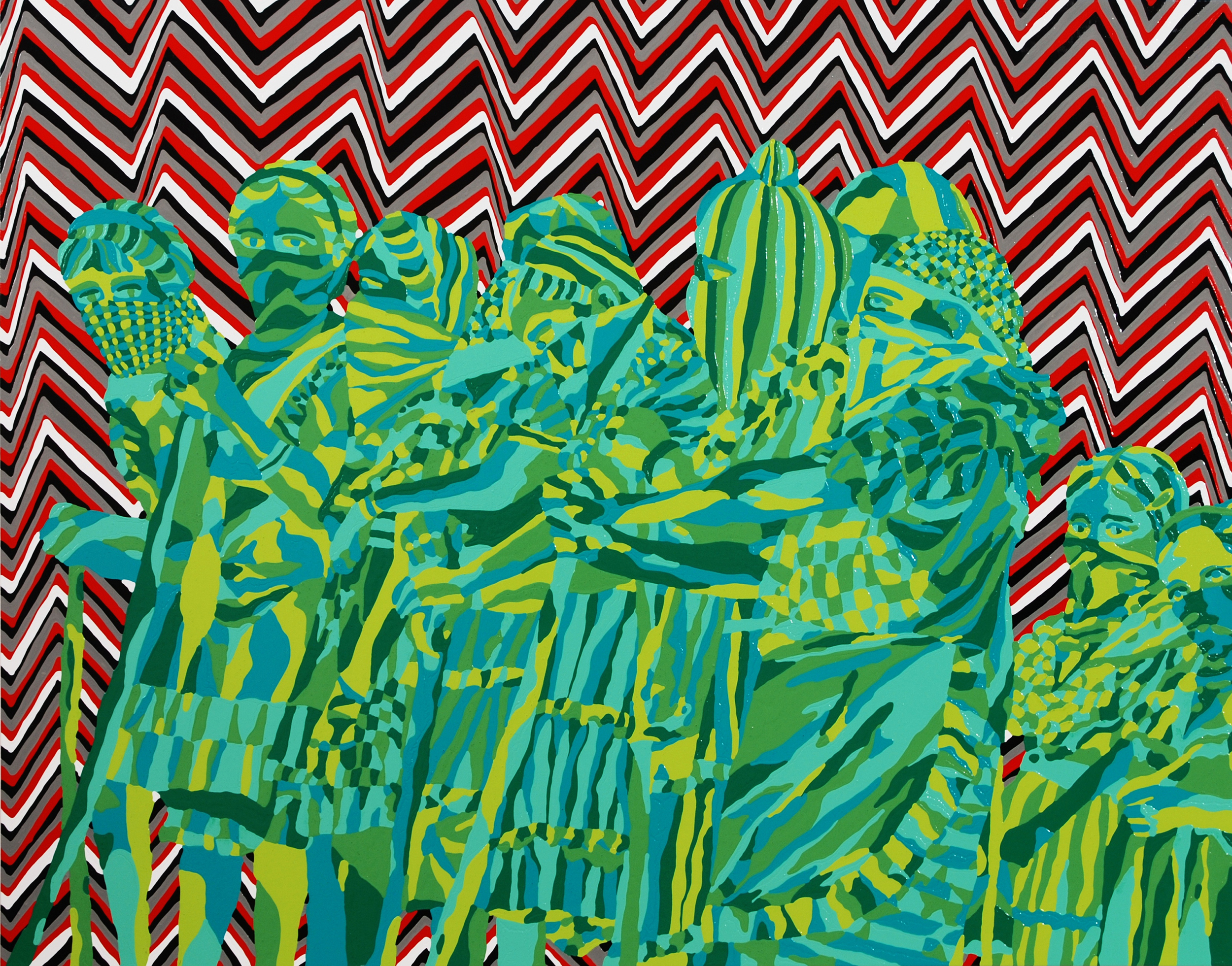 Painting of a camouflaged group of people
