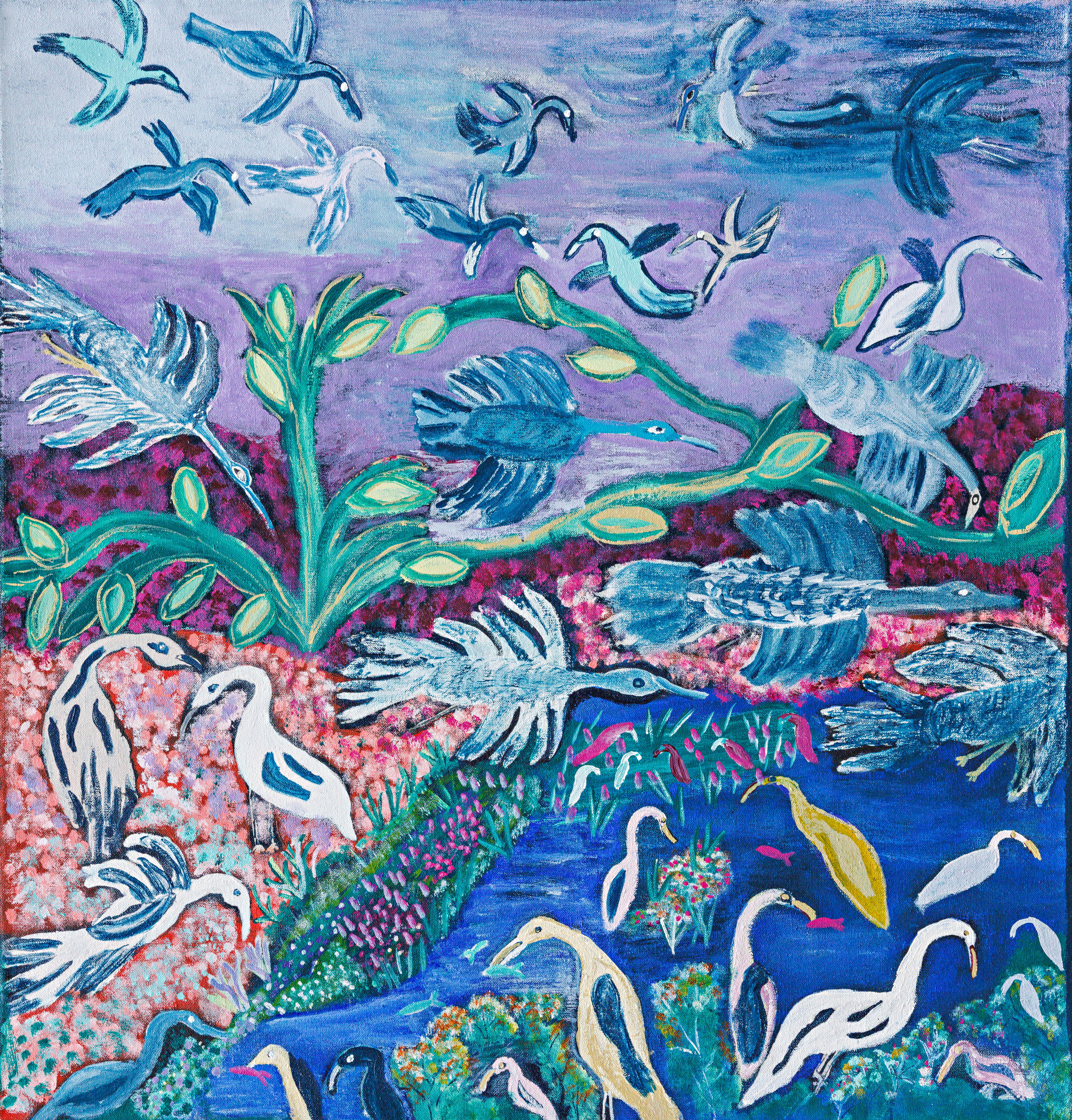 A landscape image in purples and blue of sea birds and birds in flight.