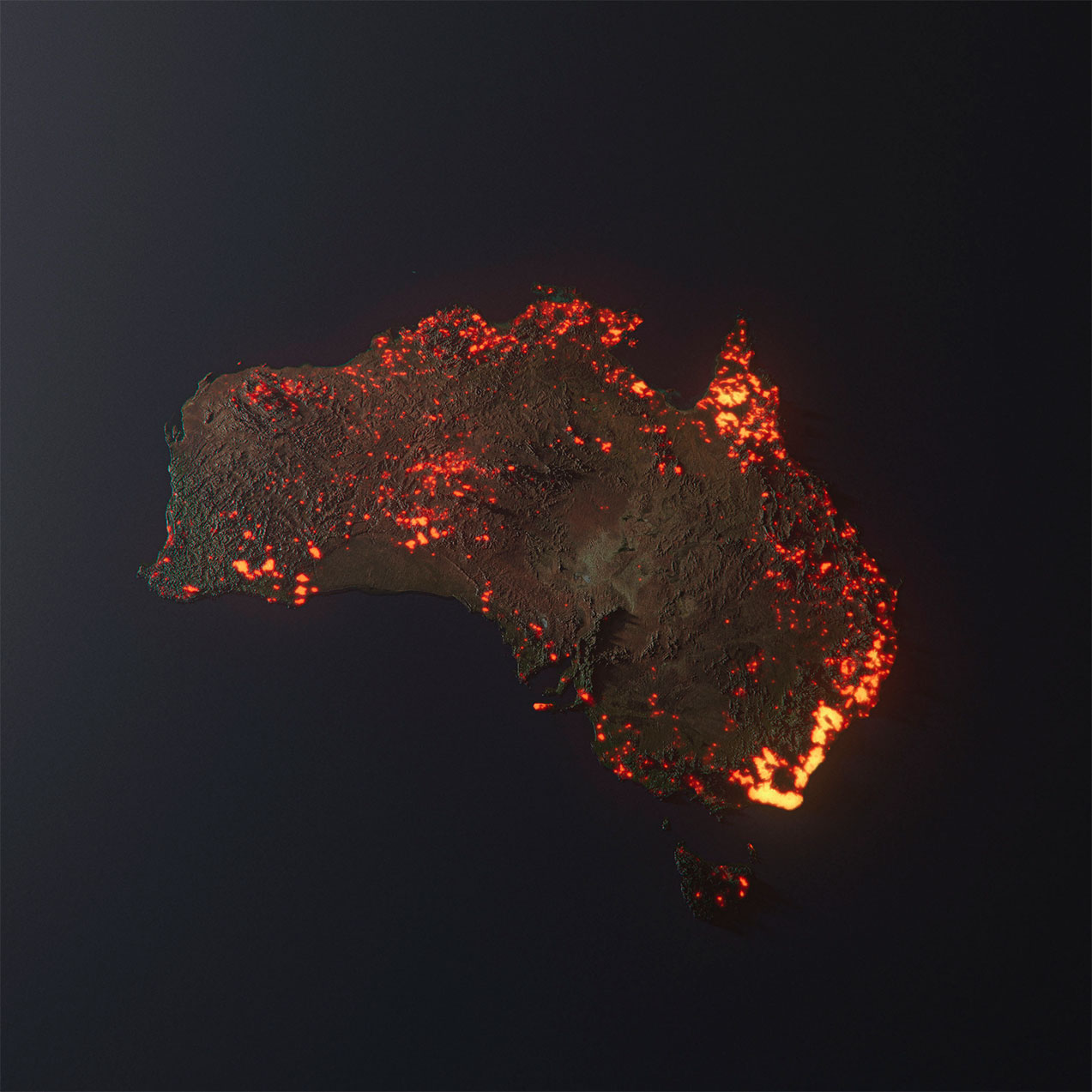 Anthony HEARSEY ‘Australia is burning’ 2020, digital/3D. Courtesy of the artist. Produced using NASA’s FIRMS data. 