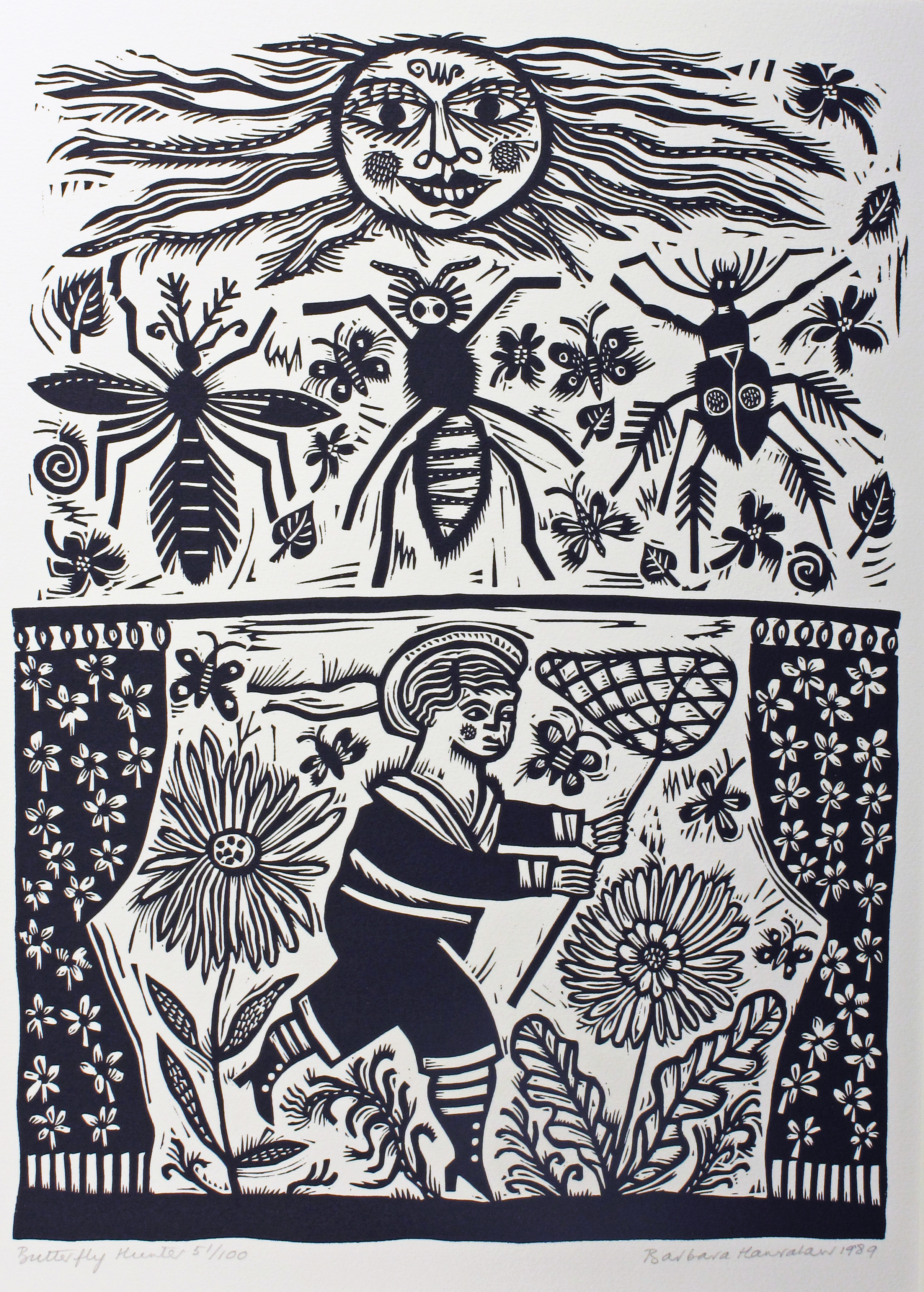 Barbara HANRAHAN, Butterfly Hunter 1989, linocut. QUT Art Collection. Purchased 1990