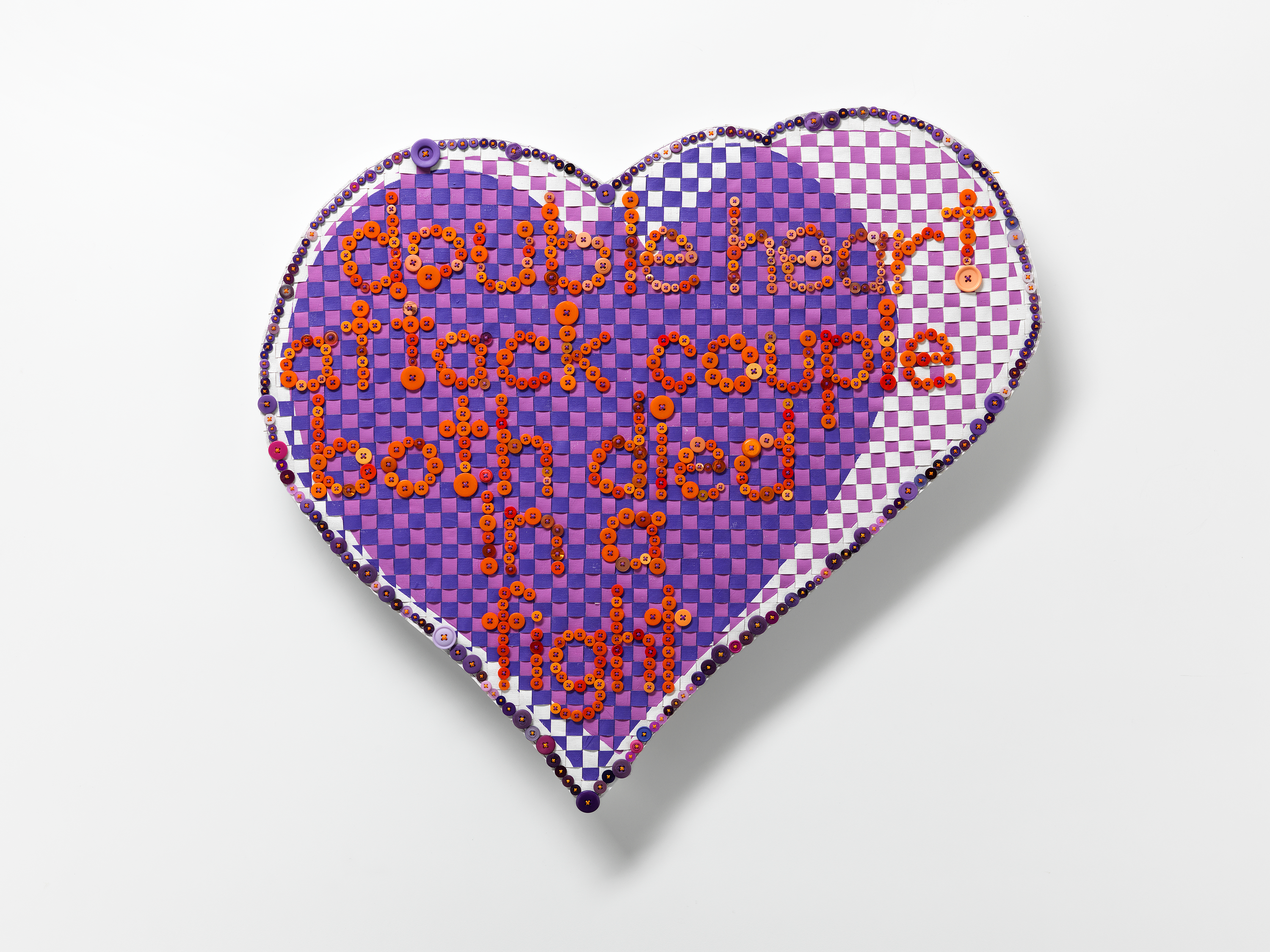 Troy-Anthony BAYLIS, 'Two Hearts (Prince)' 2022, sliced and rewoven acrylic on linen, embroidery cotton, buttons. Courtesy of the artist. Photo: Grant Hancock.
