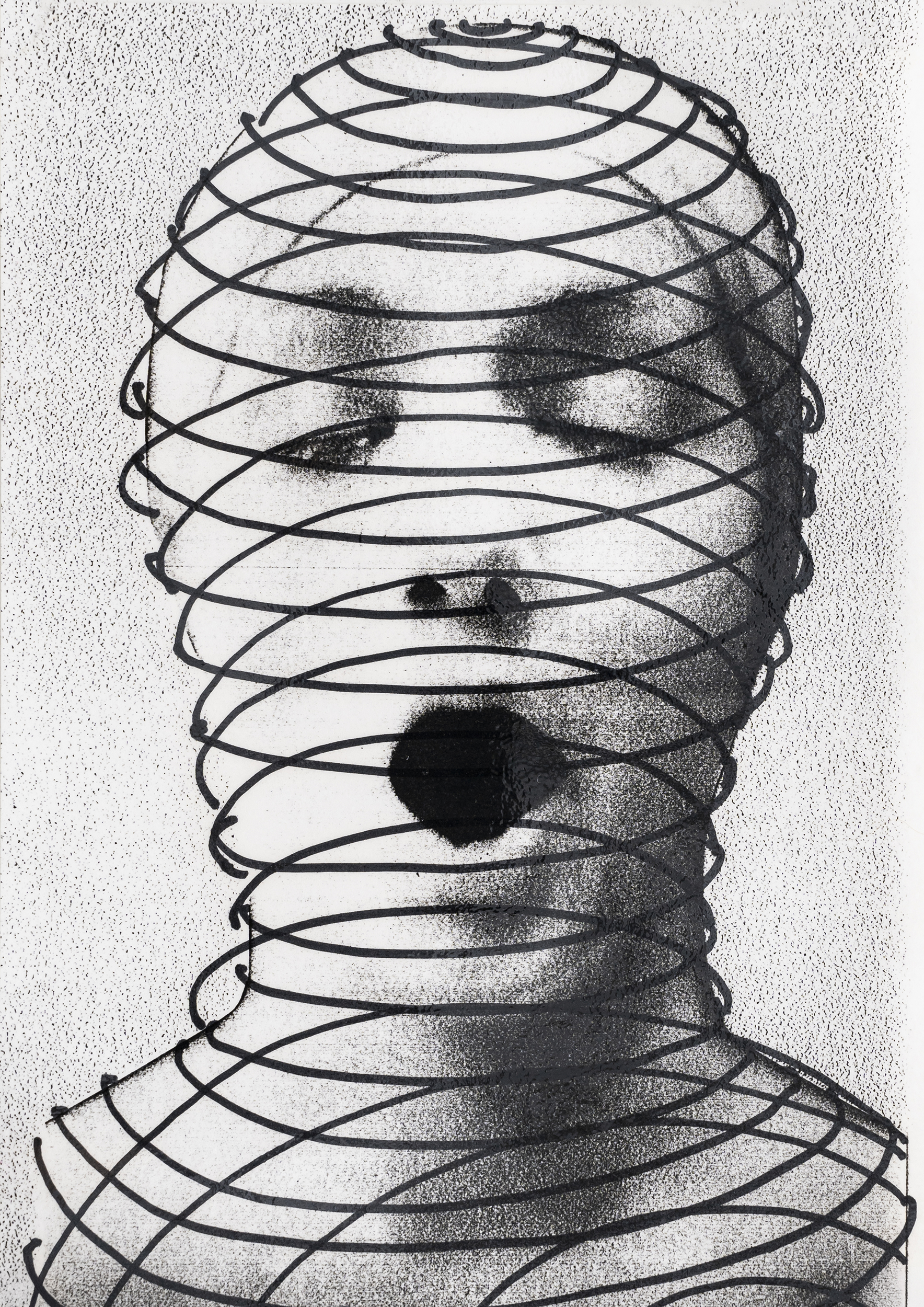 Grainy black-and-white photograph of a person's head and neck with curved lines drawn over it