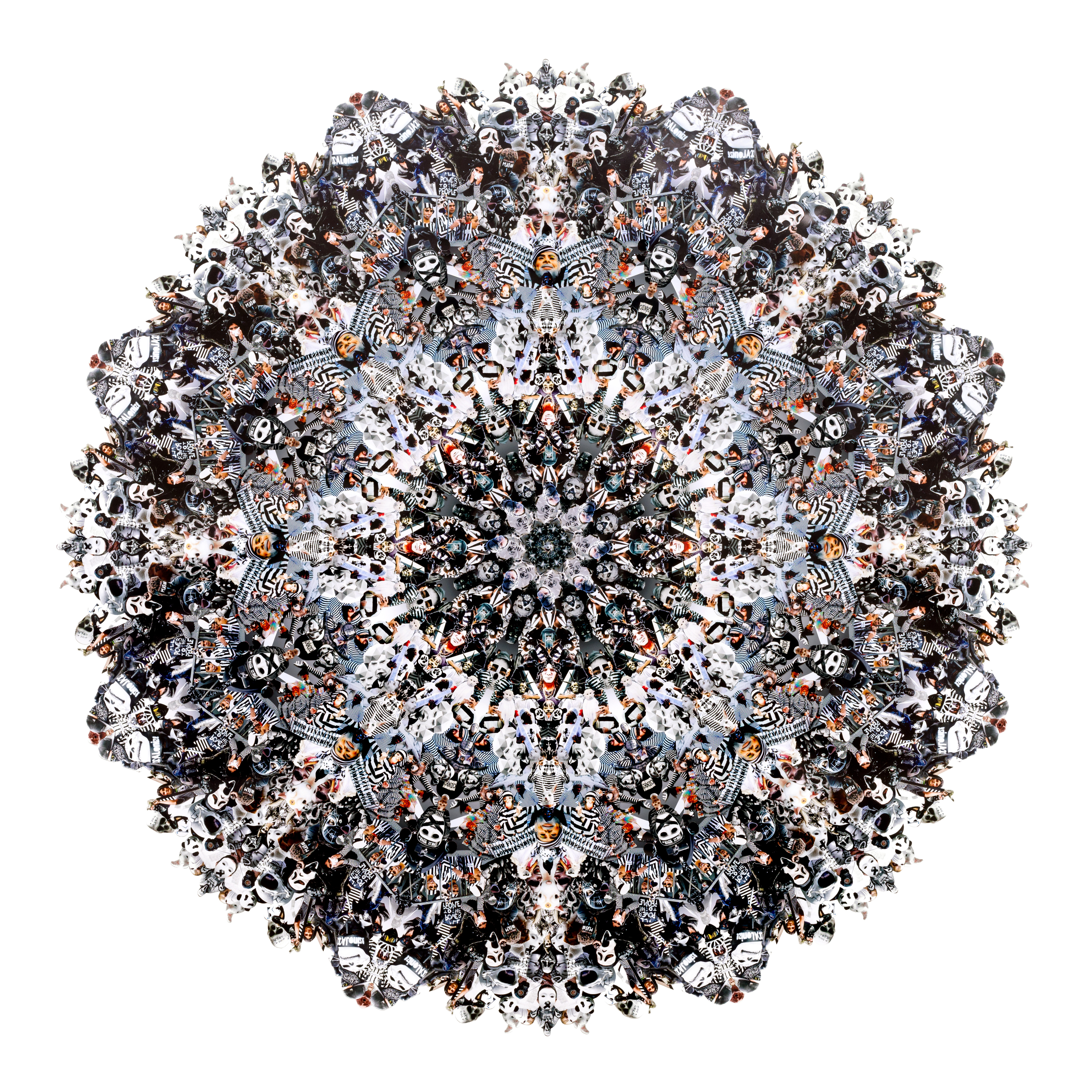 Photocollage of black and white photographs of protestors arranged into a mandala-like pattern