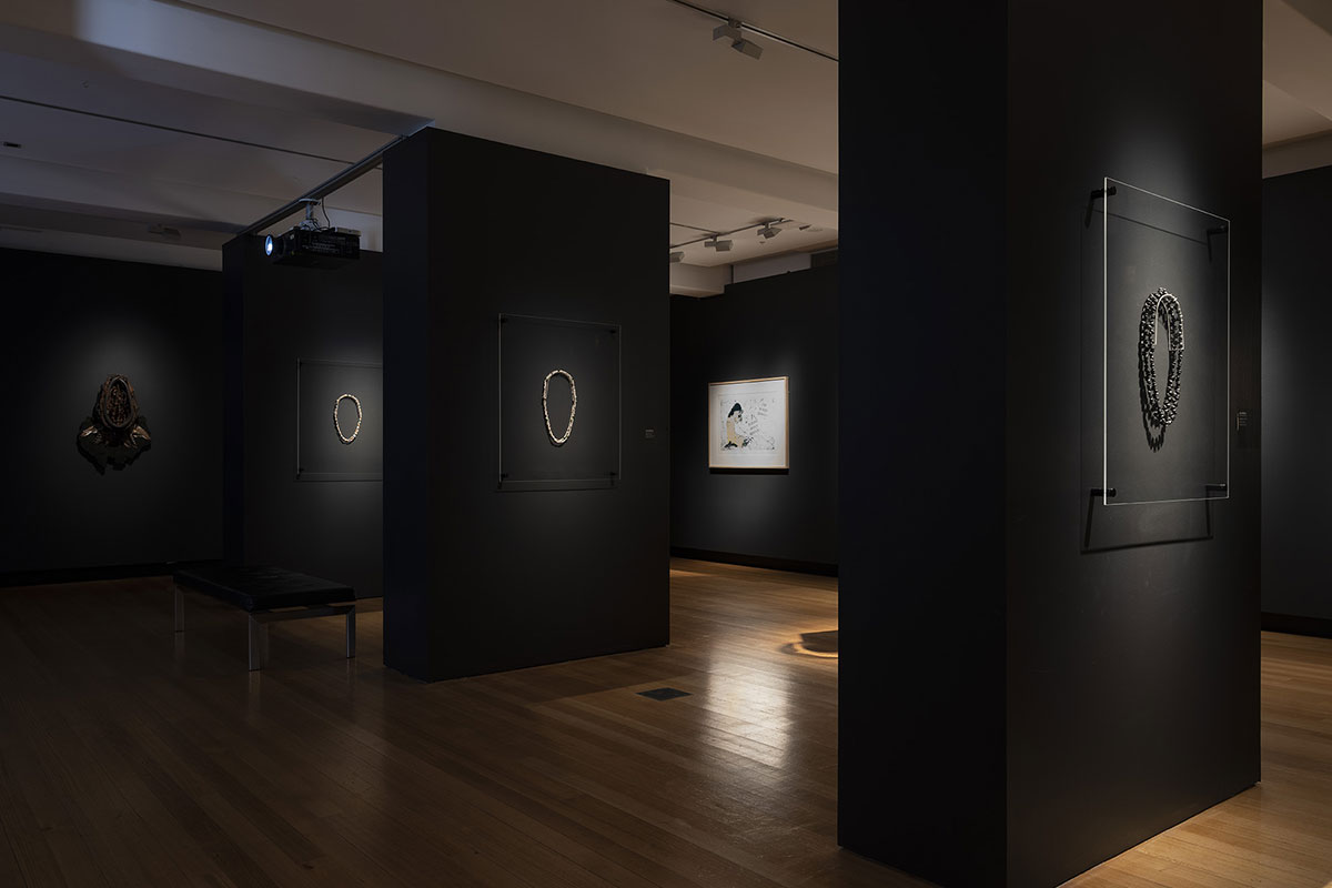 Installation view of 'Rite of Passage', pictured work by Karla Dickens, Lola Greeno and Glennys Briggs, QUT Art Museum, 2019. Photo by Carl Warner.