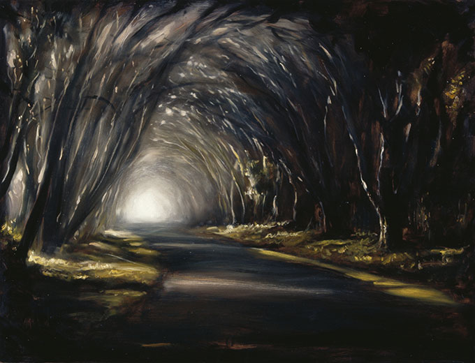 Painting of road with lots of trees forming an arch over the road with a light at the end of the road