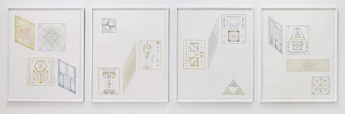 Painting of four rectangular artworks with geometric shapes