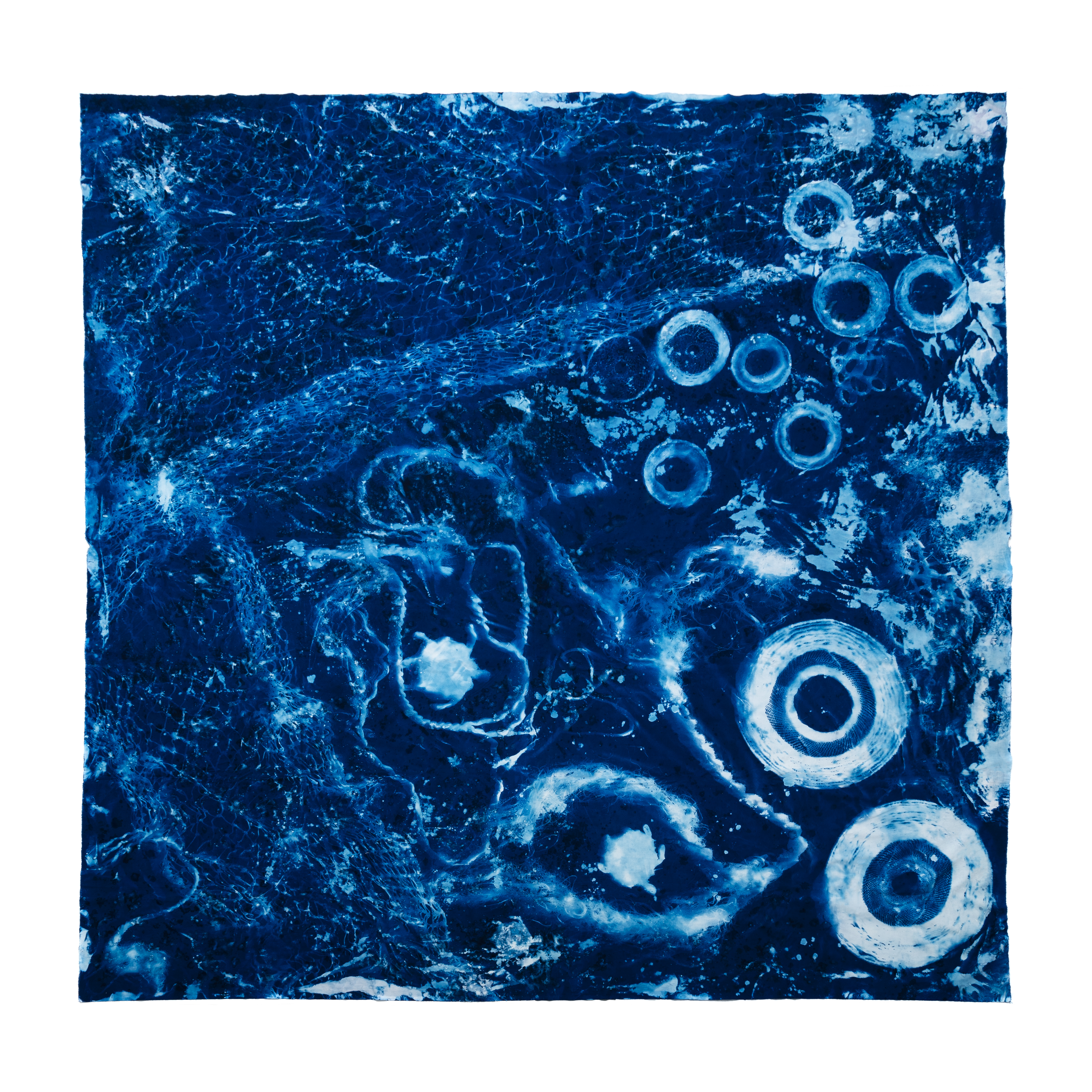 A blue and white cyanotype print on a square piece of cotton. The imagery in the print is silhouettes of fishing nets, rope, and circular woven objects.