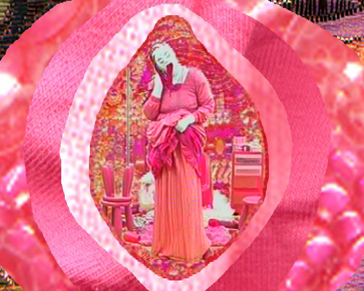 A masked person cloaked in pink fabrics, framed by pink textile motifs