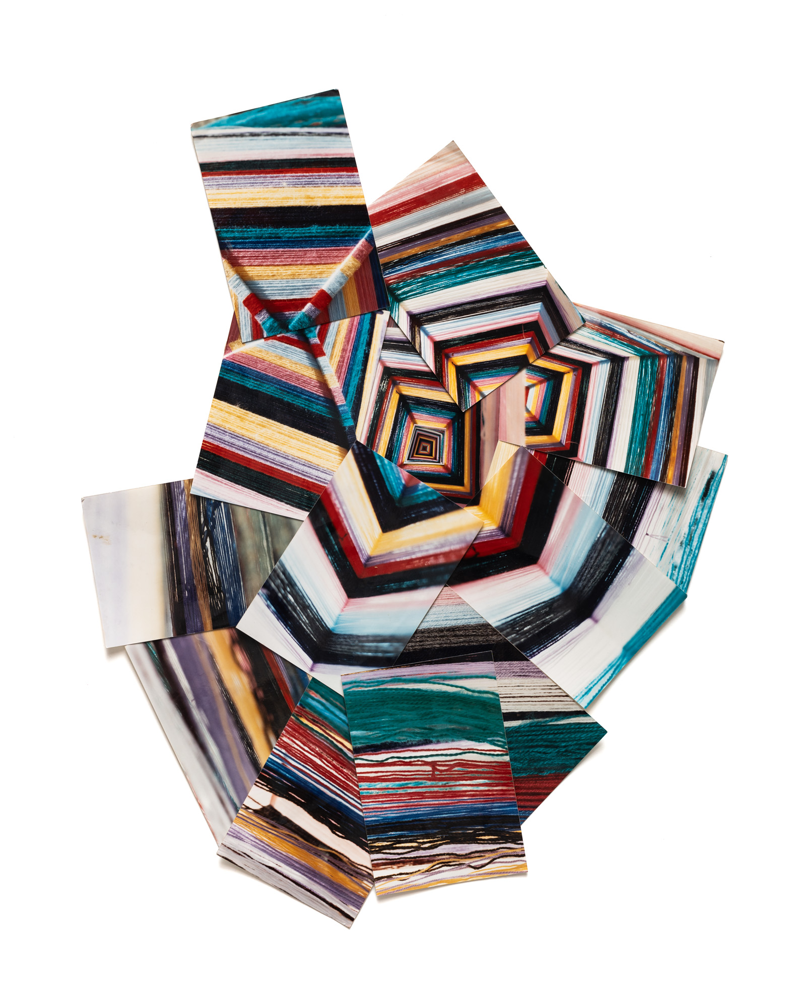 Photographs displaying a coloured yarn woven work.