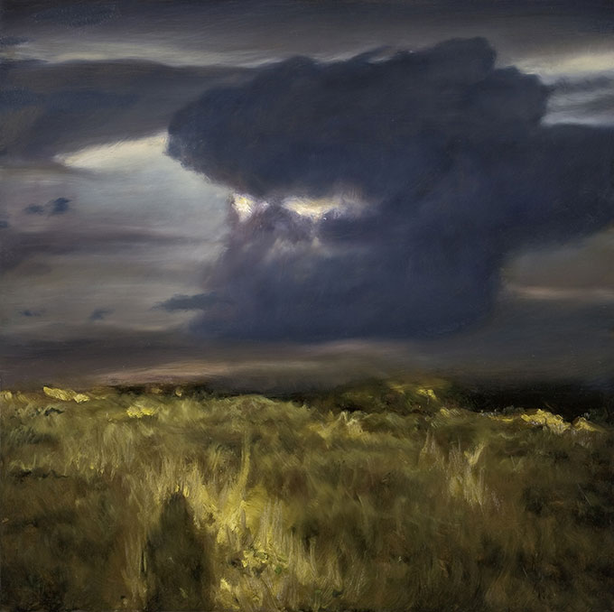 Painting of grassy meadow with grey clouds in the background