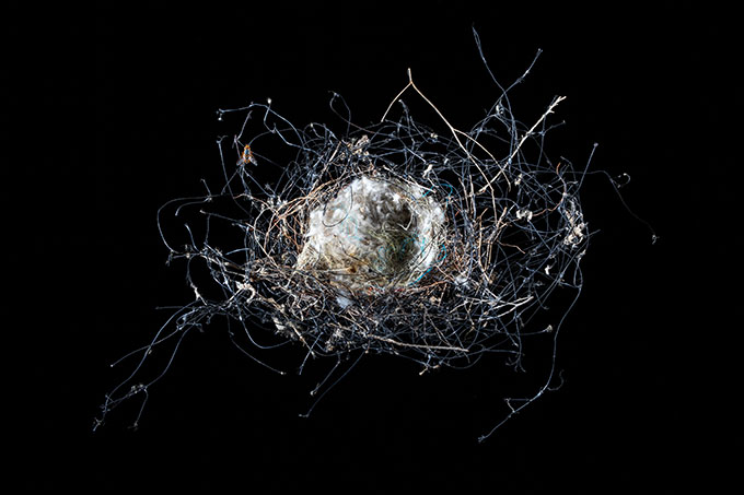 Abstract print of plastic netting in the shape of a ball on a black background