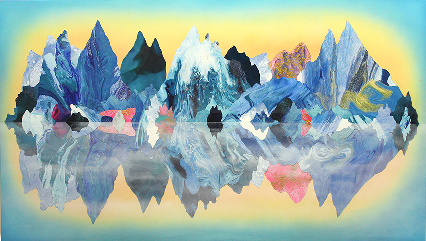 Artwork of colourful and icy looking mountain range with yellow and aqua in the background