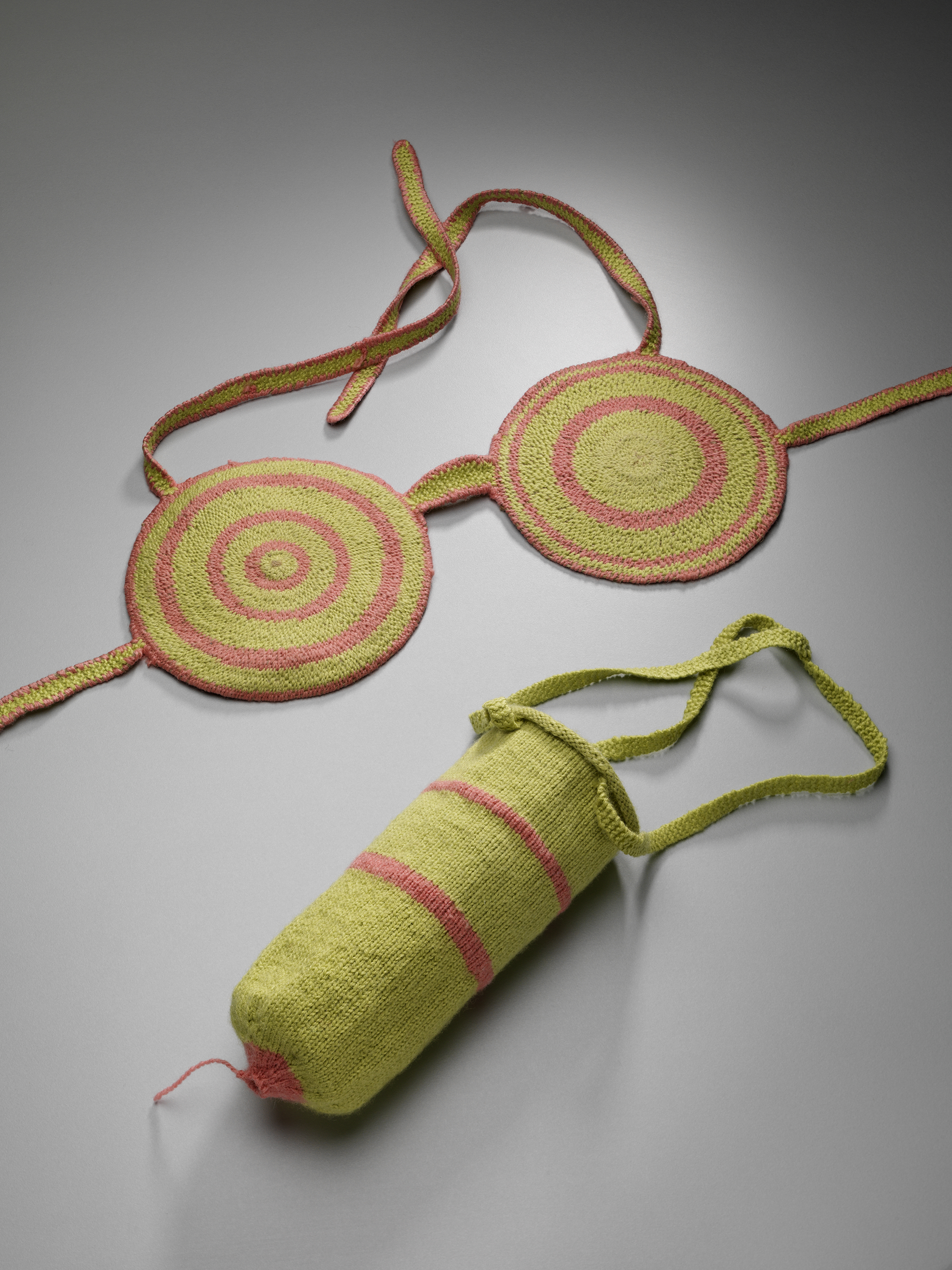 Troy-Anthony BAYLIS, 'Modesty Set 1 (Pink and Apple Green)' 2013, knitted and hand-woven acrylic wool and jute. Collection Flinders University Art Museum. Photo: Grant Hancock. © the artist.