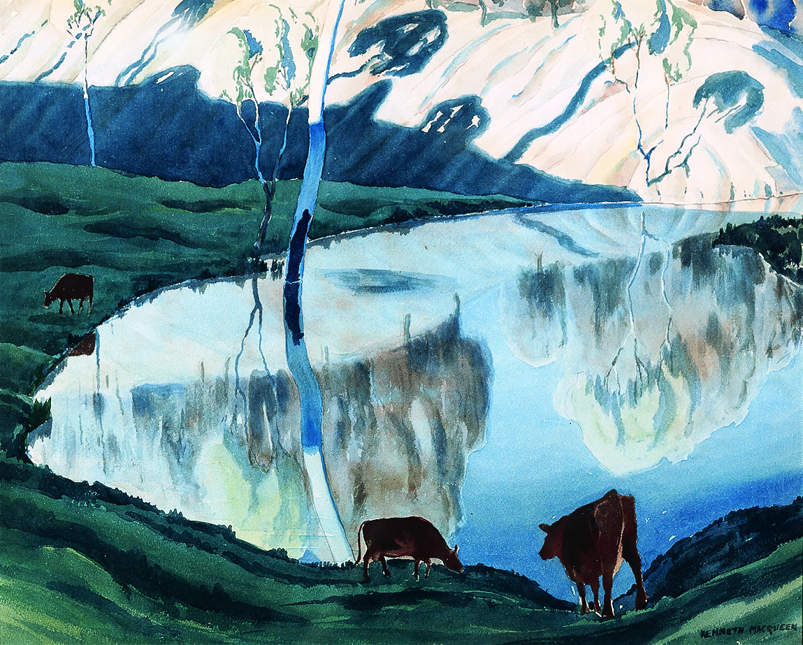 Watercolour painting of a landscape with a large body of reflective water in the centre, and cattle grazing on the grass.