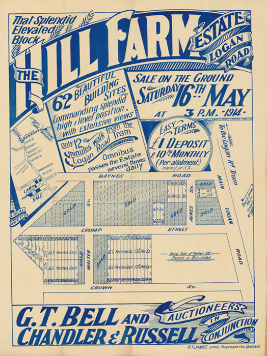 Thor H JENSEN 'The Hill Farm Estate, Logan Road : sale on the ground Saturday 16th May' 1914 | Brisbane : H. T. James, Litho | Image © State Library of Queensland