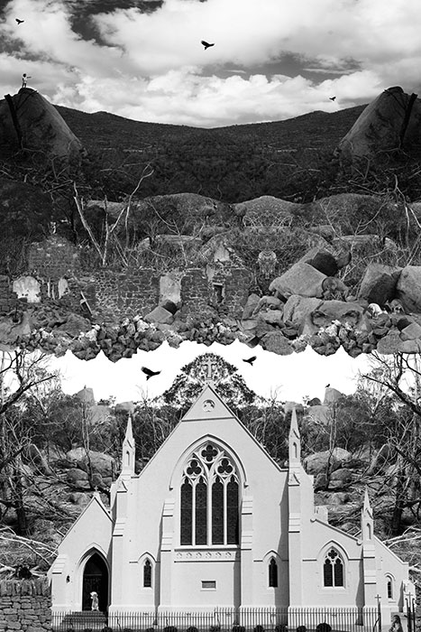 Print of Church with rocky mountain in the background