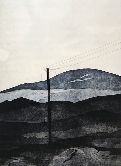 Drawing of mountain landscape with telegraph pole