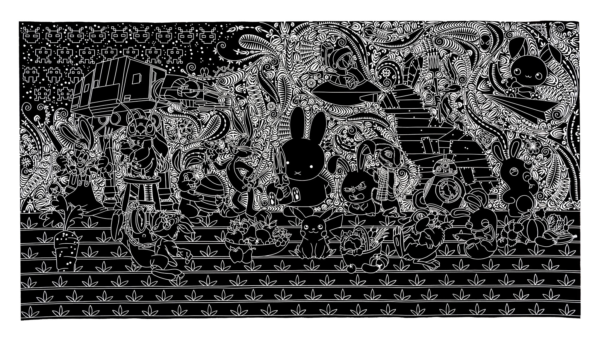 black and white etching of miffy the bunny