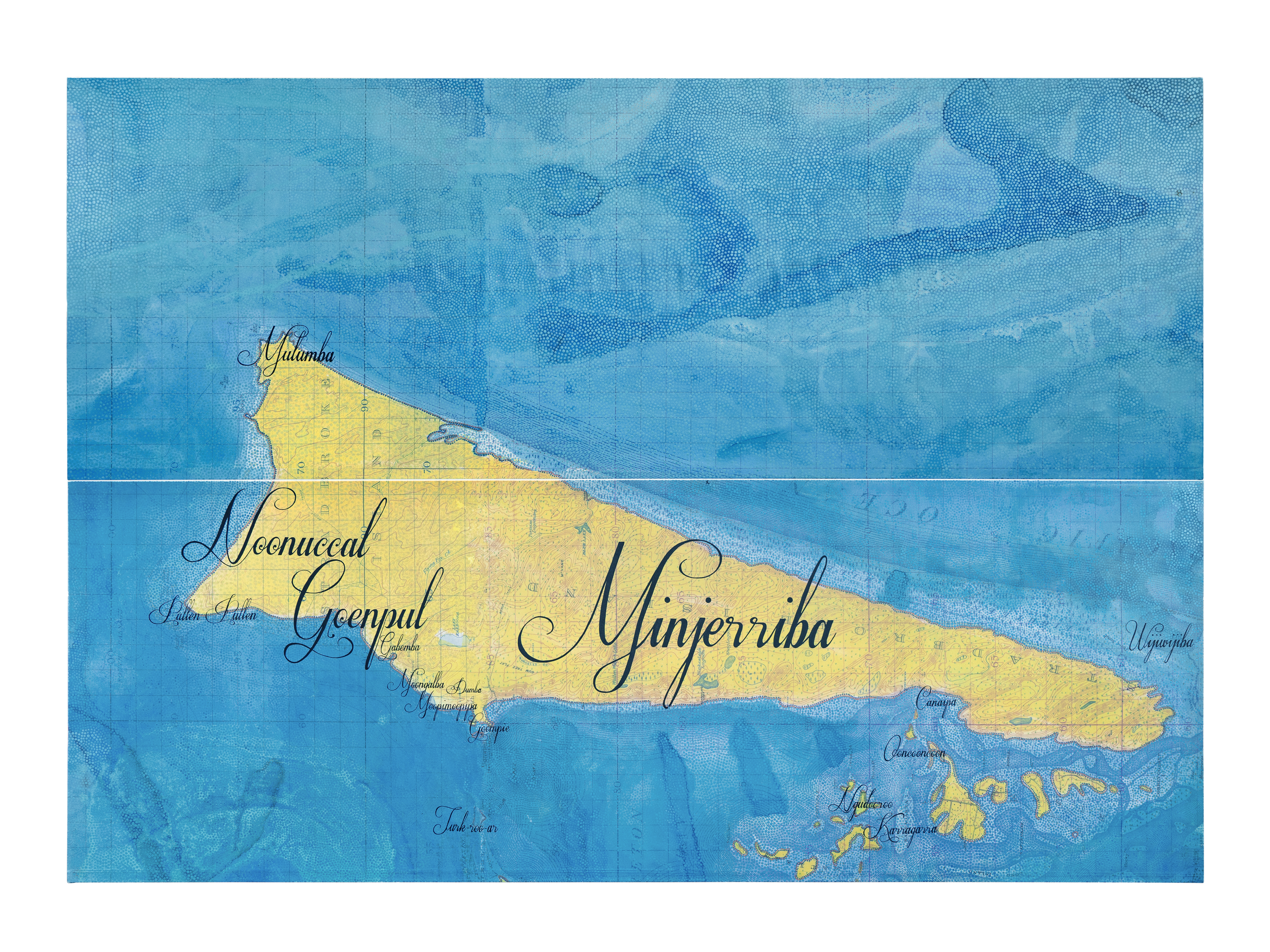 Painting of a map of an island surrounded by sea, with text depicting Indigenous place names. 