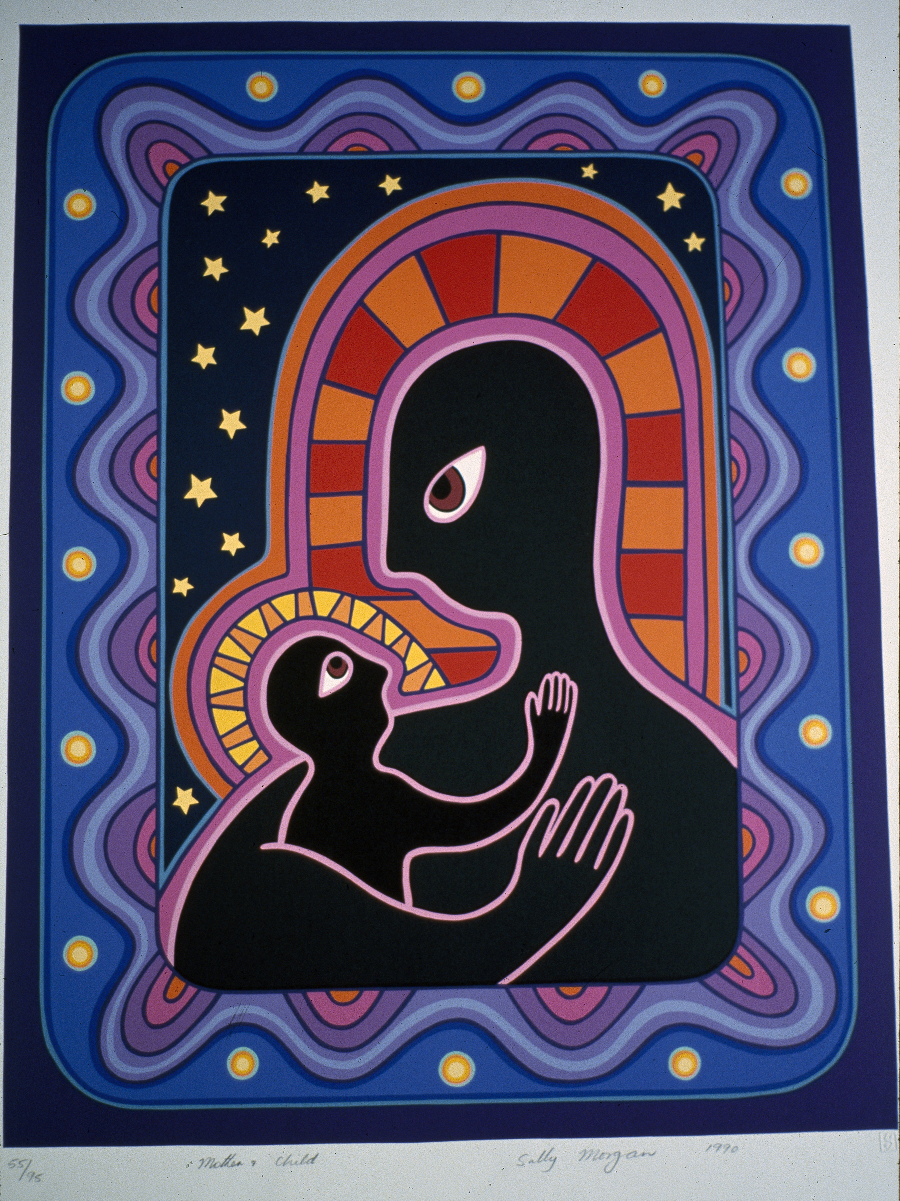 A colour screenprint of a mother and child
