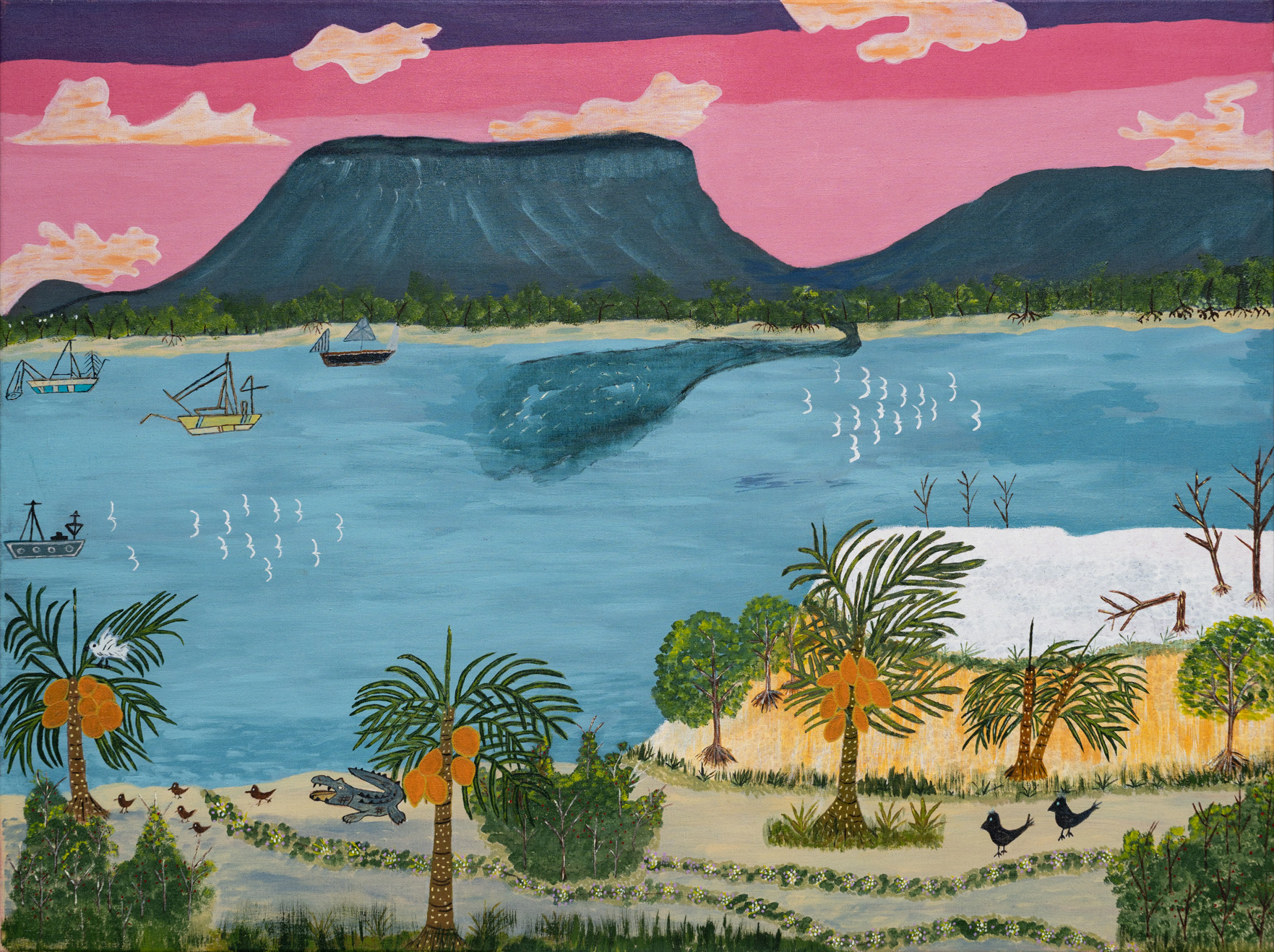 Painting of the beach, ocean and a mountain