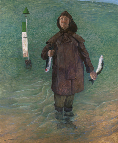 William Robinson 'Self portrait with stunned mullet' 1994 | Oil on linen | QUT Art Collection | Donated through the Australian Government's Cultural Gifts Program by William Robinson, 2011