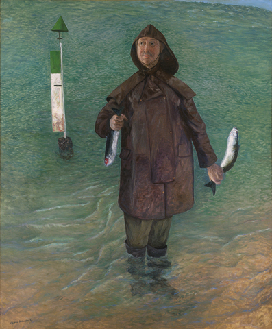 William Robinson 'Self portrait with stunned mullet' 1994 | Oil on linen | QUT Art Collection | Donated through the Australian Government's Cultural Gifts Program by William Robinson, 2011