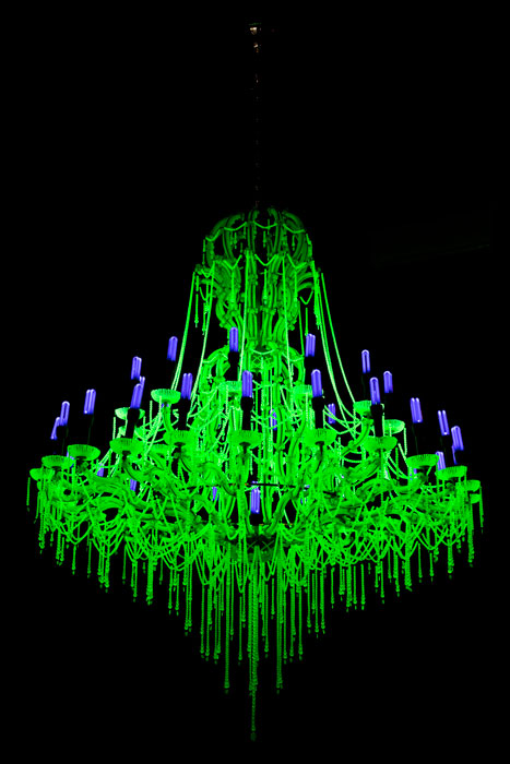 Ken + Julia YONETANI 'Crystal Palace: The great exhibition of the works of industry of all nuclear nations (USA)' 2012 | uranium glass, metal structure, UV lights | Courtesy of the artists, Artereal Gallery, Sydney and GV Art, London