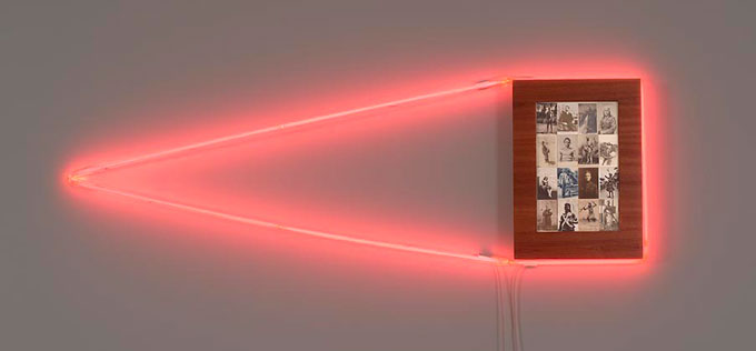 Brook ANDREW 'Men' 2011 | rare postcards, sapele and neon | Courtesy of the artist and Tolarno Galleries, Melbourne
