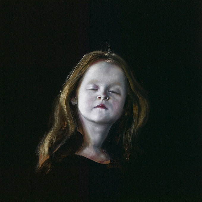 Painting of young girl with long hair on a black background