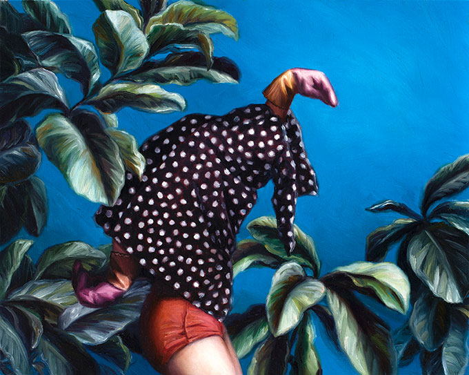 Painting of lady with shirt over her head and hands sticking out of the shirt to replicate an animal surrounded by trees