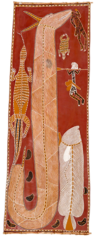 Bob Burruwul and Lena Yarinkura 'Rainbow Serpent (Borlung) Swallows Rembarranga' c.1992 | ochre on stringbark | Courtesy Maningrida Arts and Culture