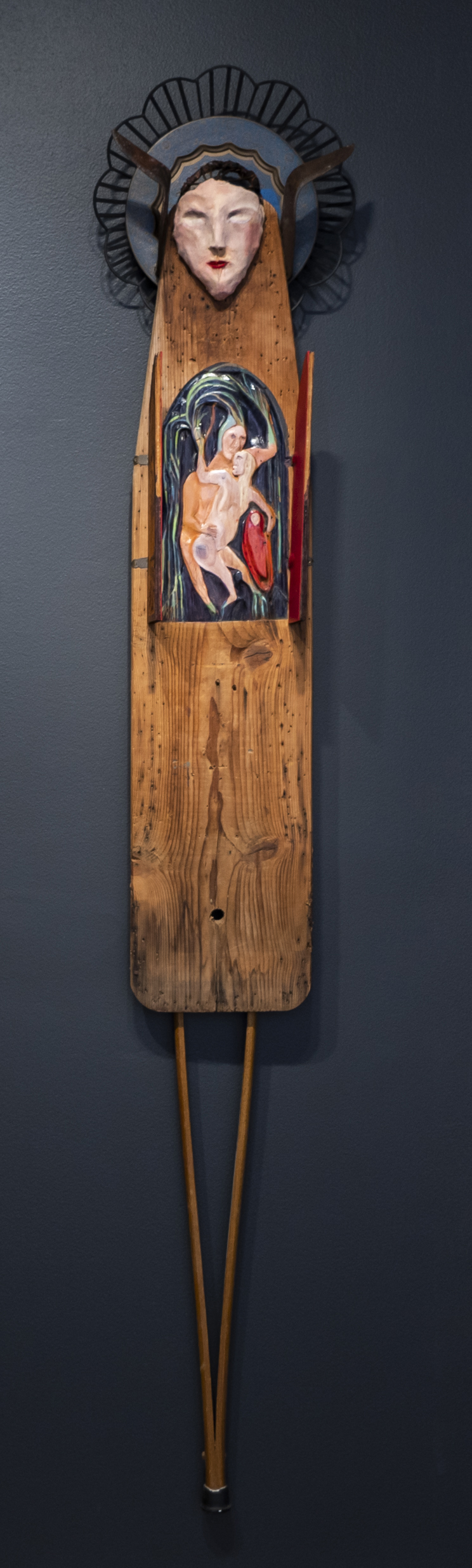 Mona RYDER Touch Up 1984-2022, carved and painted wooden ironing board, ply, leather, crutch, steel, suede, farm implements and metal plates. Private collection, Brisbane.