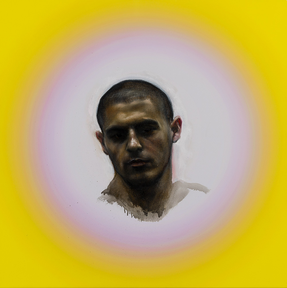 Painting of a man's face in shadow with a pink and yellow circular border