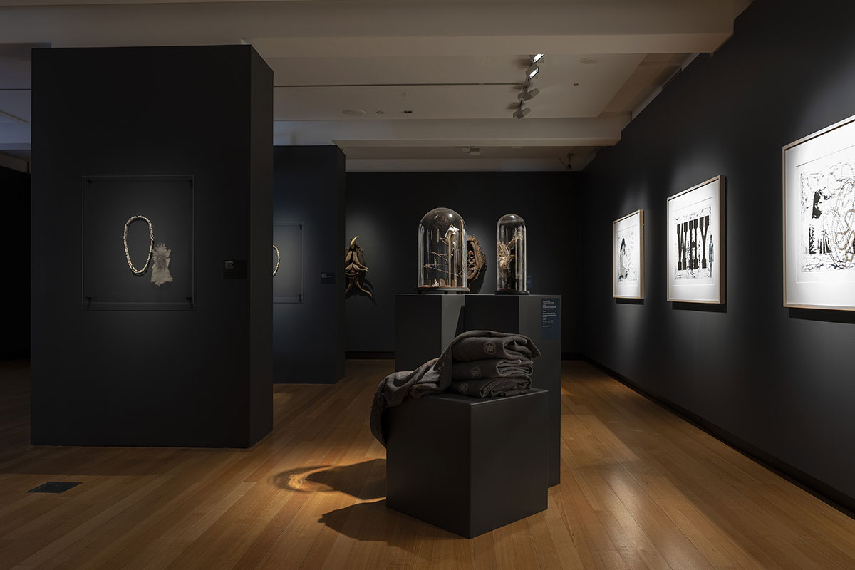 Installation view of 'Rite of Passage', pictured work by Lola Greeno and Glennys Briggs, QUT Art Museum, 2019. Photo by Carl Warner.