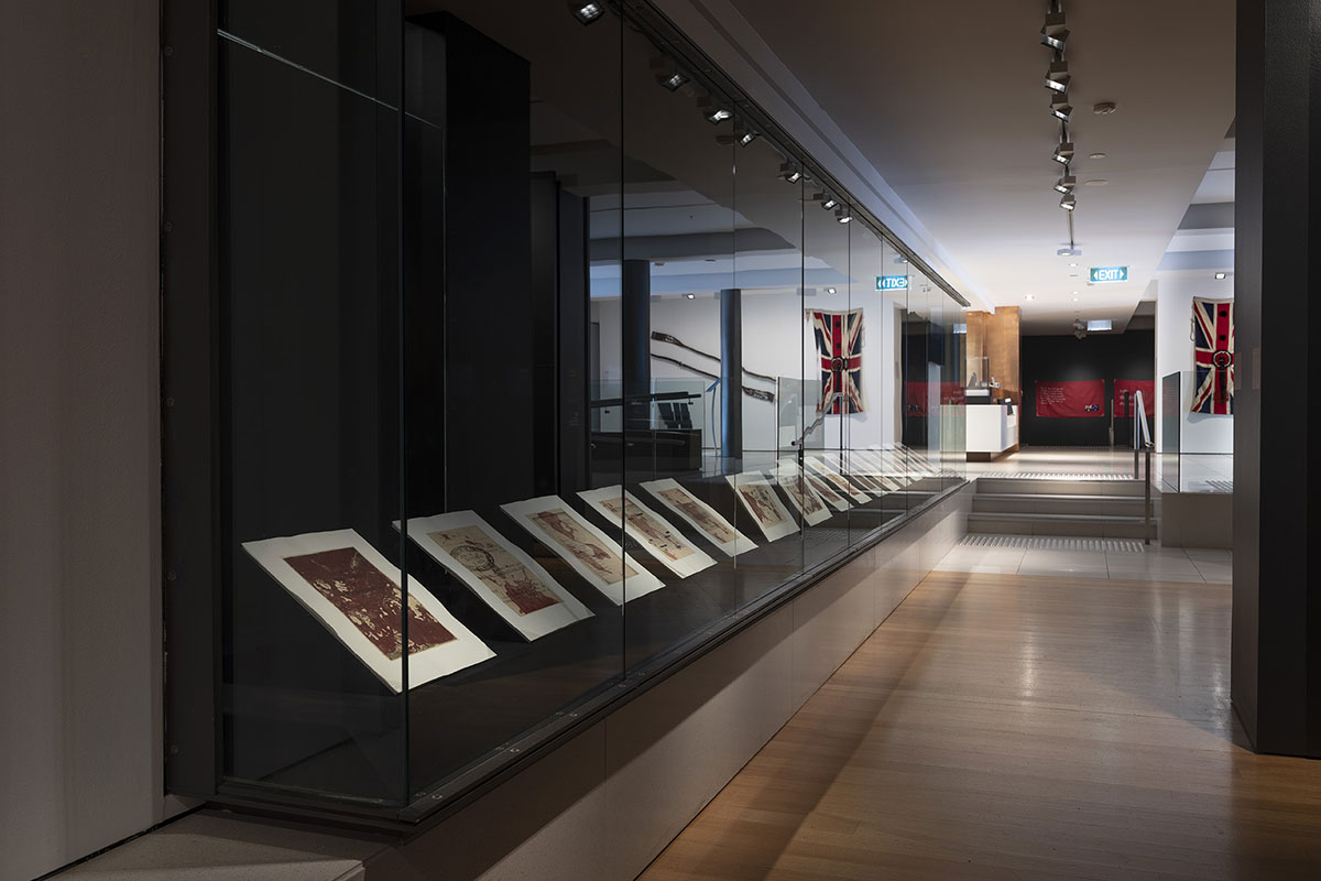 Installation view of 'Rite of Passage', pictured work by Judy Watson and Karla Dickens, QUT Art Museum, 2019. Photo by Carl Warner.