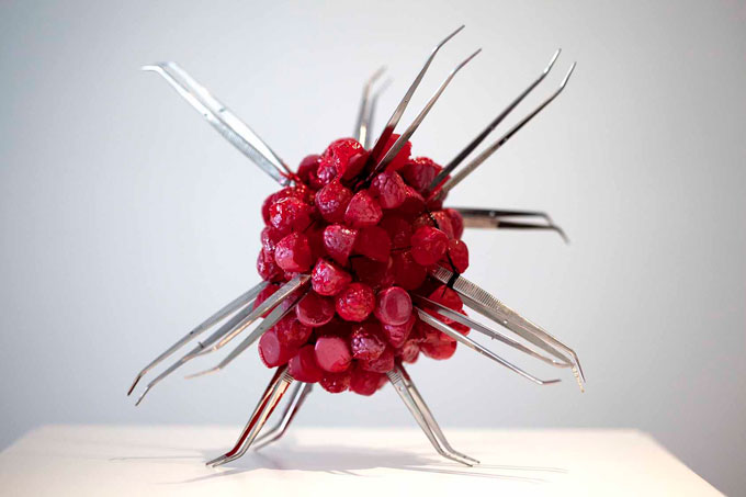 Claire Anna WATSON 'Myocardium' 2012 | rasperry lollies, stainless steel surgical tweezers, thread, moulding clay, acrylic paint, glue | Courtesy of the artist