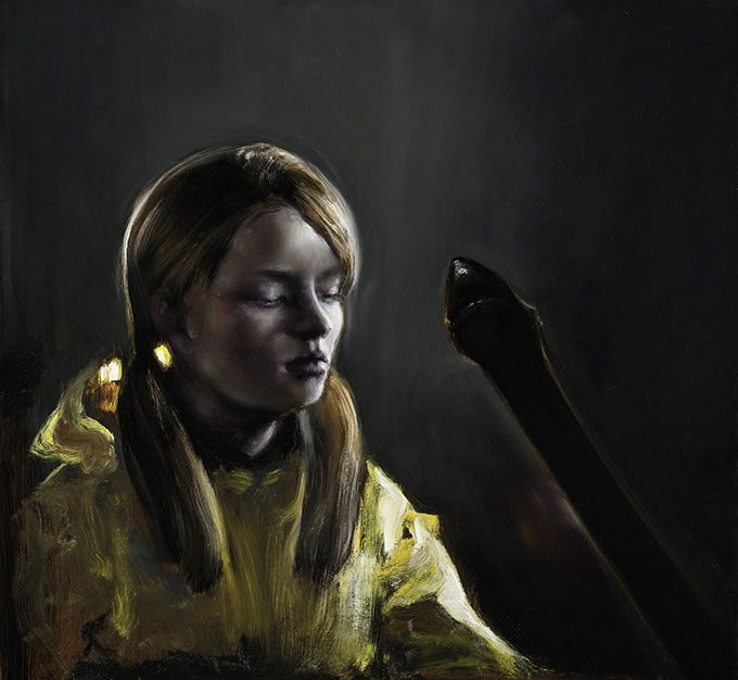 Painting of girl with yellow jacket looking at black object