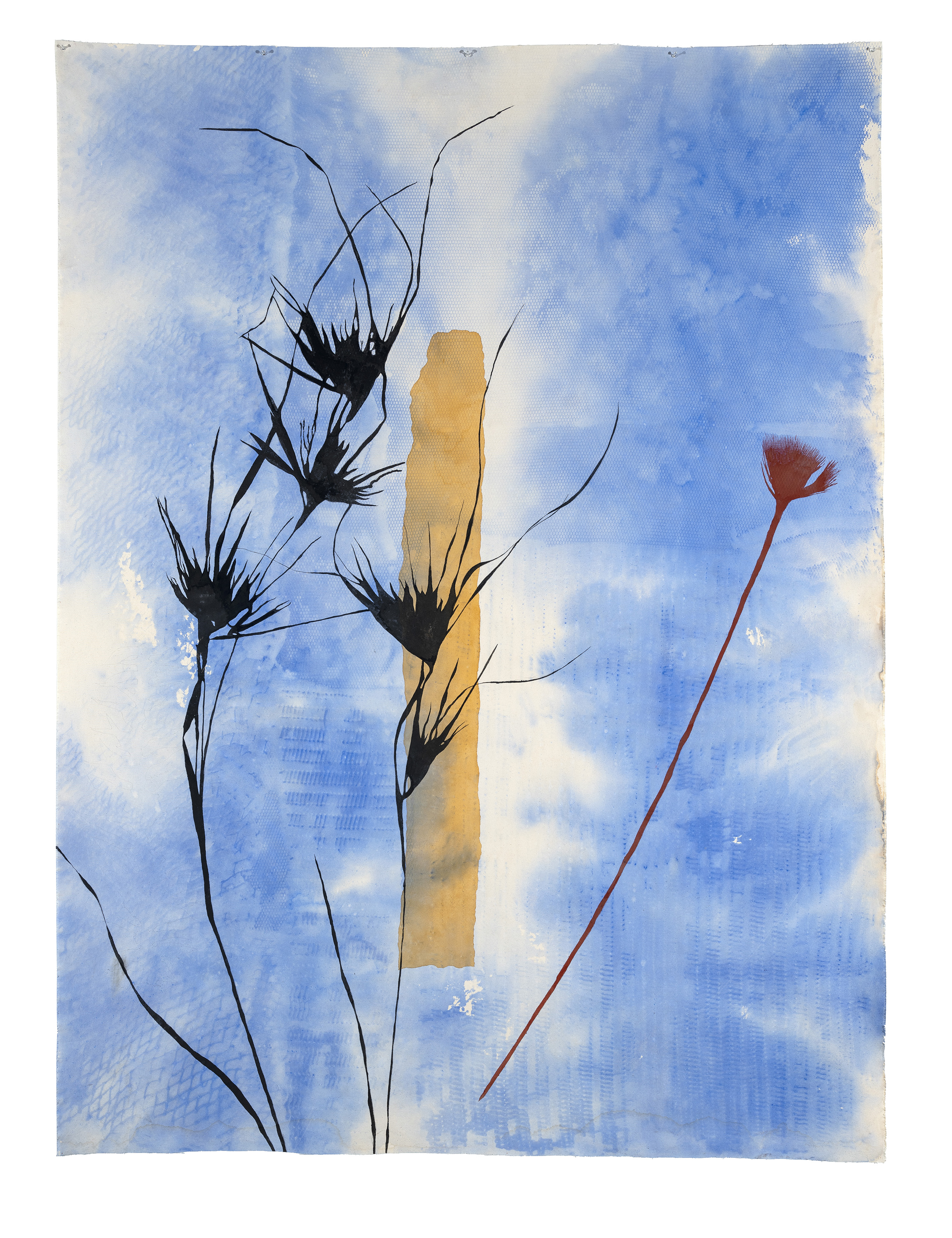 Judy WATSON standing stone, kangaroo grass, red and yellow ochre 2020, acrylic and graphite on canvas, 250 x 181.5cm, Courtesy of the artist and Milani Gallery, Brisbane. Photo: Carl Warner. 
