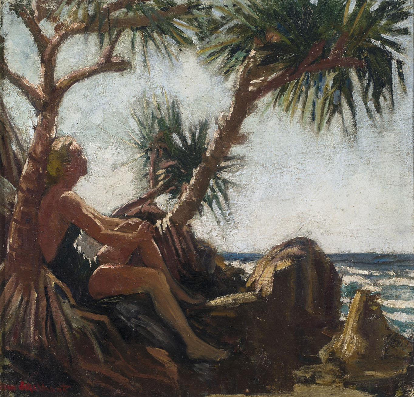 Gwendolyn GRANT, Under the Pandanus tree n.d., oil on canvas board. QUT Art Collection. Donated through the Australian Government's Cultural Gifts Program, 2011.