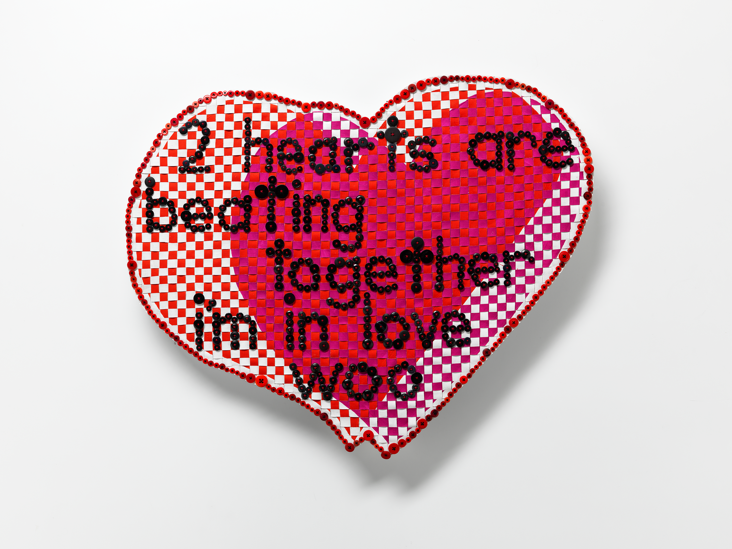 Troy-Anthony BAYLIS, 'Two Hearts (Kylie Minogue)' 2022, sliced and rewoven acrylic on linen, embroidery cotton, buttons. Courtesy of the artist. Photo: Grant Hancock.