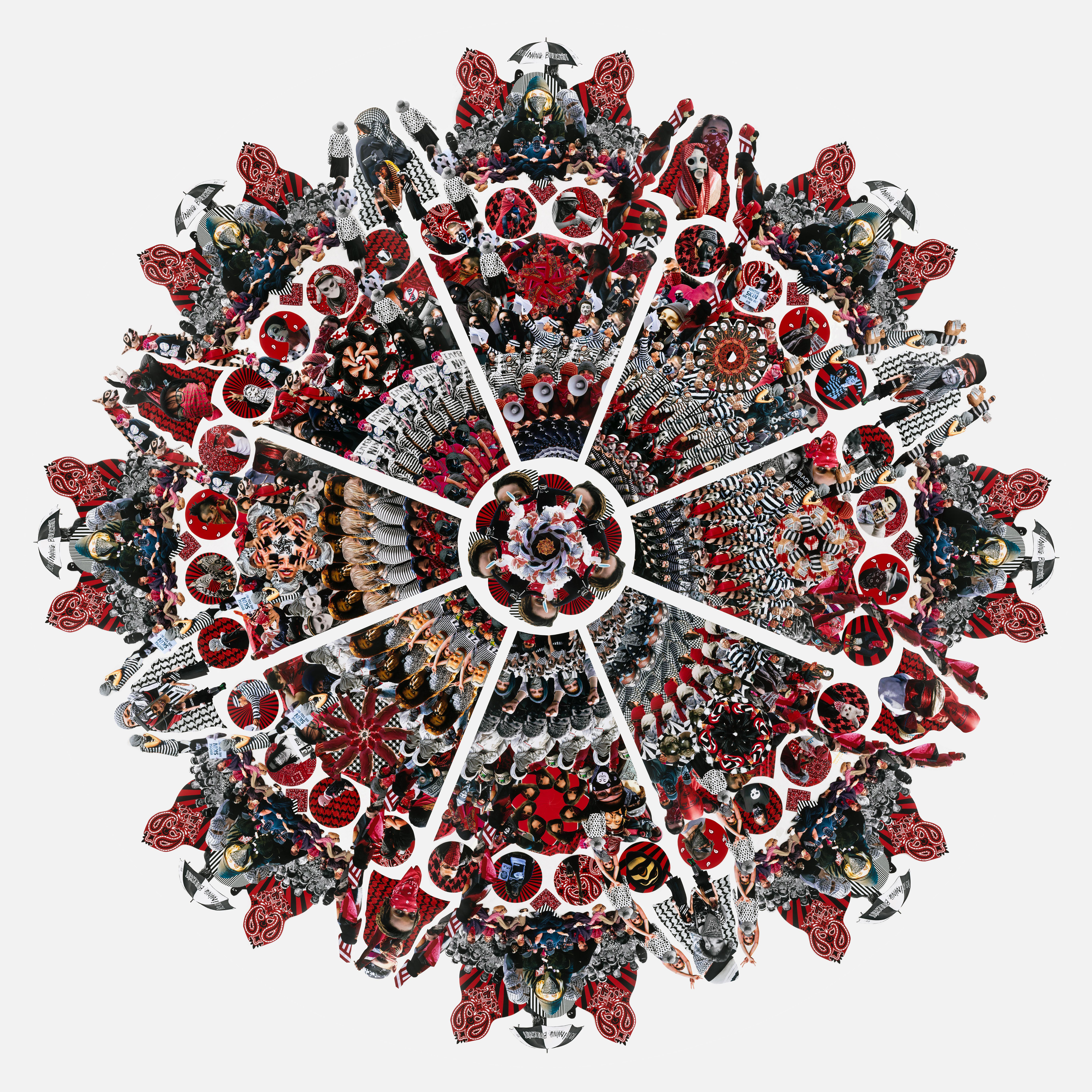 Collage of protestors predominately in the colours of red, black white and in the shape of a gothic rose shaped stained glass window