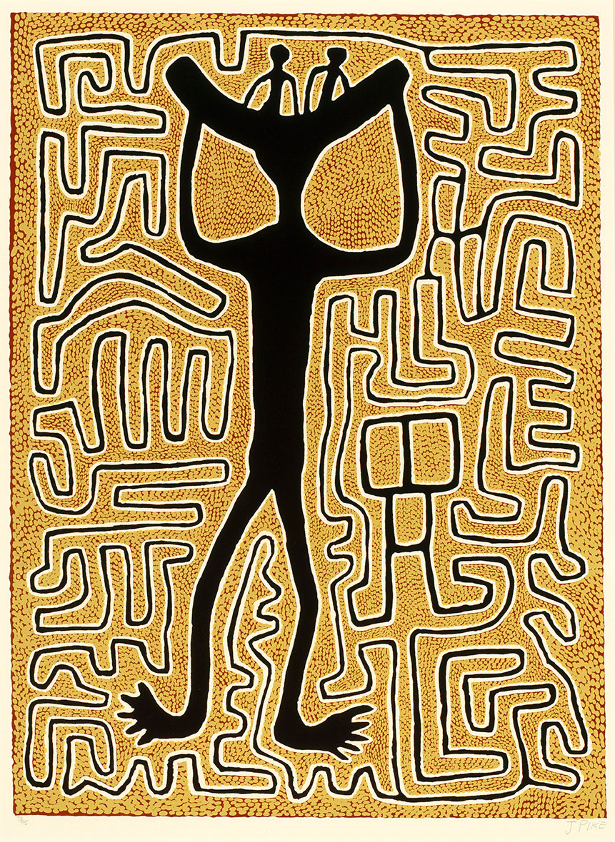 Jimmy PIKE (Walmatjarri people) 'Woman carrying her two boys' 1990, colour screenprint. QUT Art Collection. Purchased 1993.