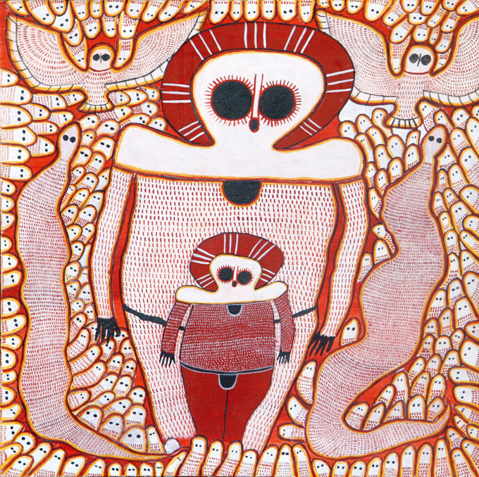Gordon BARUNGA 'Child dreaming, Dumbi and Ungud snakes' 2013 | acrylic on canvas | Courtesy of Mowanjum Aboriginal Art and Culture Centre